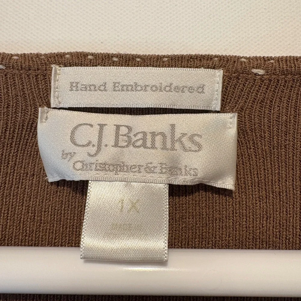 Vintage 2004 CJ Banks Hand Embroidered Cardigan Sweater‎ Brown Striped Bows 1X